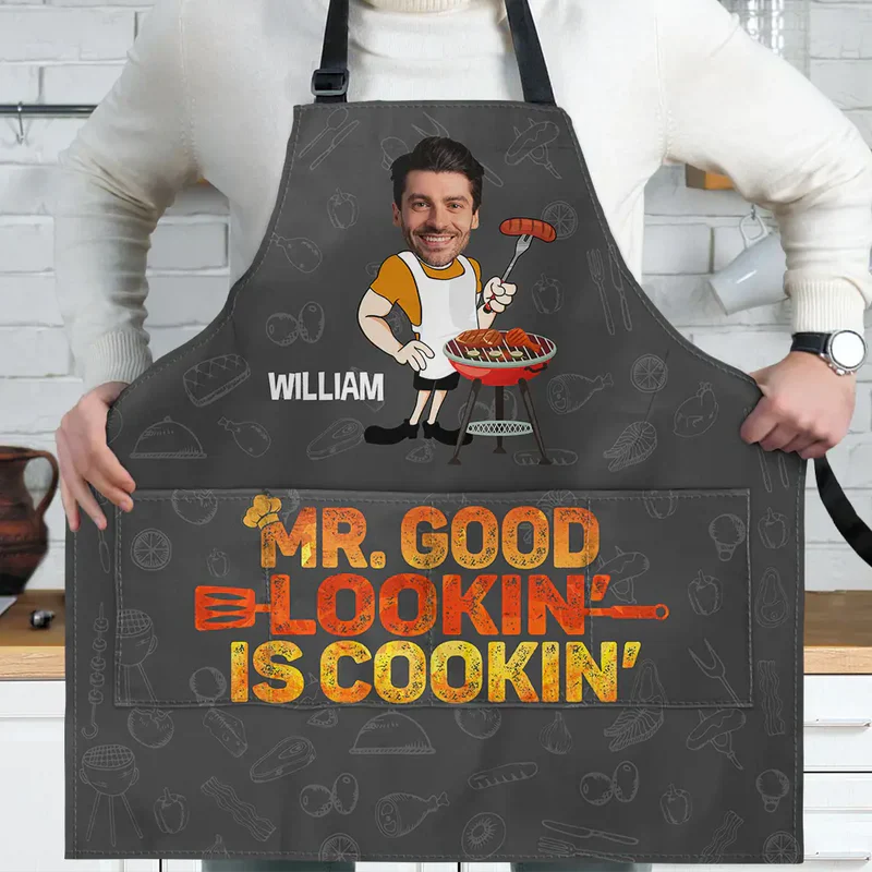 Personalized Photo Waterproof 4-Pocket Apron, Mr. Good Lookin' Is Cookin' Unique Grill Gift for Dad