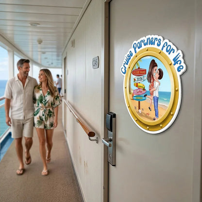 Personalized Cruise Partners For Life Acrylic Magnet, Couple Kissing on a Beach Porthole, Unique Cruise Door Gift