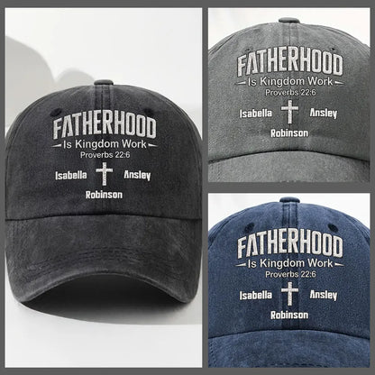 Personalized Washed Denim Baseball Cap, Fatherhood Is Kingdom Work, Unique Gift for Dad