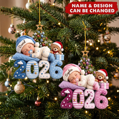 Personalized Acrylic Ornament with Sleeping Baby by Christmas Tree, Unique Gift for New Parents