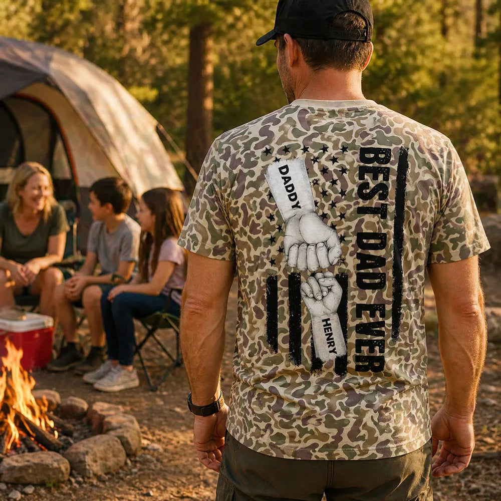 Best Dad Ever Printed Classic Tee with Daddy Fist Bump, Camo Flag Style, Creative Gift for Dad