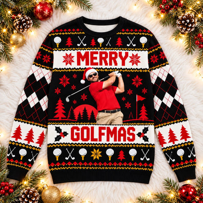 Custom Golf Photo Christmas Sweatshirt, Festive Merry Golfmas Ugly Sweater Design, Unique Holiday Gift for Golfers