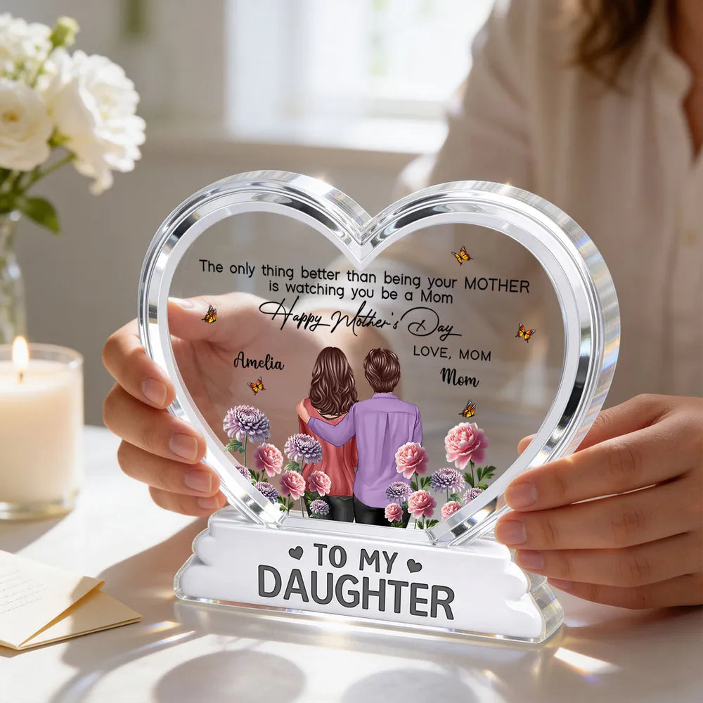 Shaped Acrylic Block Plaque Personalized Keepsake - Mother and Daughter Back Hug, Floral Heart Decor, Creative Gift