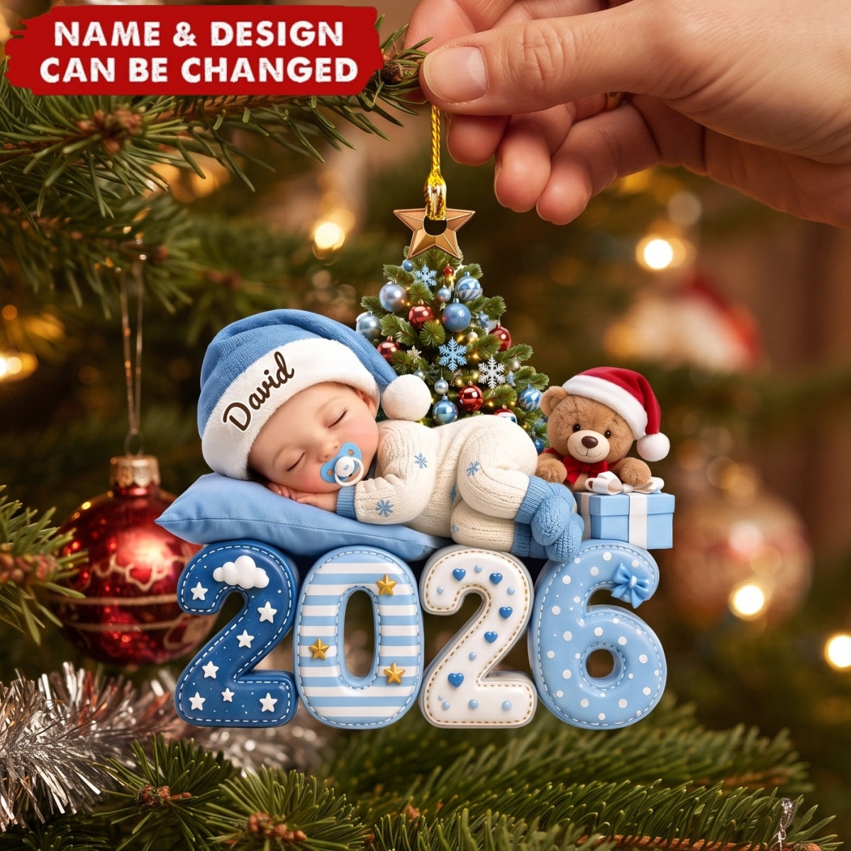 Personalized Acrylic Ornament with Sleeping Baby by Christmas Tree, Unique Gift for New Parents