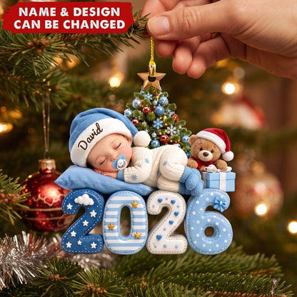 Personalized Acrylic Ornament with Sleeping Baby by Christmas Tree, Unique Gift for New Parents