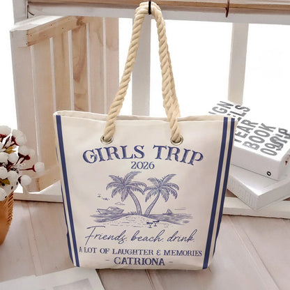 Rope Handle Canvas Bag for Girls Trip, Personalized Beach Getaway Design, A Lot of Laughter & Memories Gift