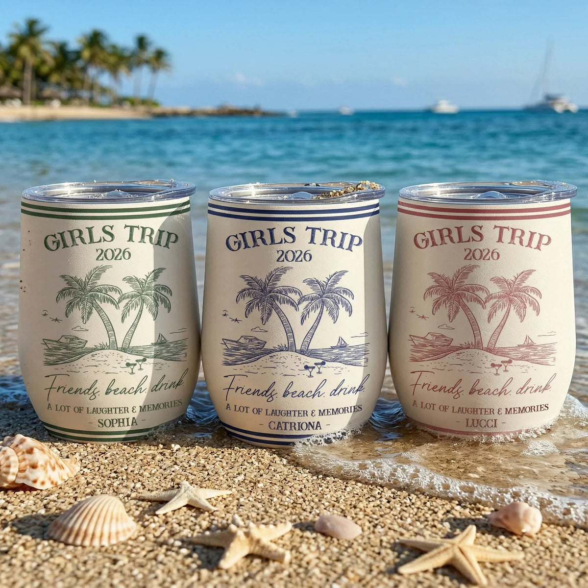 Personalized Girls Trip Beach Eggshell Cup, Palm Island Line Art, Unique Friend Group Gift For Summer Sipping
