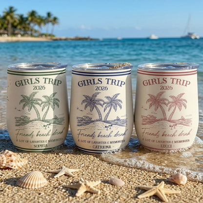 Personalized Girls Trip Beach Eggshell Cup, Palm Island Line Art, Unique Friend Group Gift For Summer Sipping