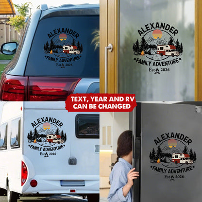 Personalized Family Adventure Sticker Decal for RV or Camper, Mountain Sunset Camping Scene, Unique Custom Gift