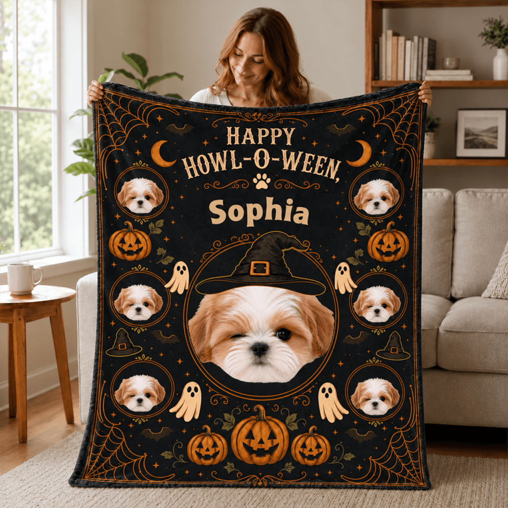 Personalized Halloween Pet Photo Blanket with Name, Witch Hat, Pumpkins & Ghosts, Spooky Cute Gift for Pet Lovers