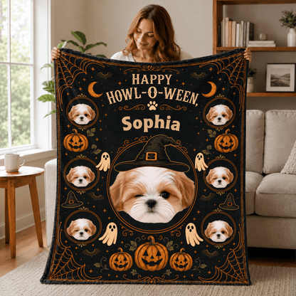 Personalized Halloween Pet Photo Blanket with Name, Witch Hat, Pumpkins & Ghosts, Spooky Cute Gift for Pet Lovers