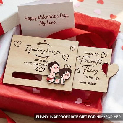 Wooden Sliding Ornament Personalized for Couples, Cute Inappropriate Love Quote Gift for Him or Her on Valentine's Day