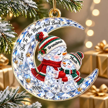 Personalized Acrylic Ornament, Hugging Grandma and Grandkid Snowmen on Moon, Unique Christmas Gift for Grandma