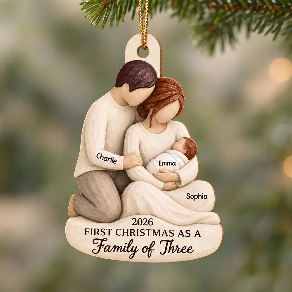 Wooden Ornament, Personalized New Family Keepsake, Tender Parents Holding Baby, Creative Gift for New Parents