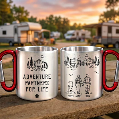 Custom Couple & Pet Carabiner Mug, Add No Pet or Multiple Pets, Personalized Hiking Camping Cup with Names, Outdoor Gift for Couples