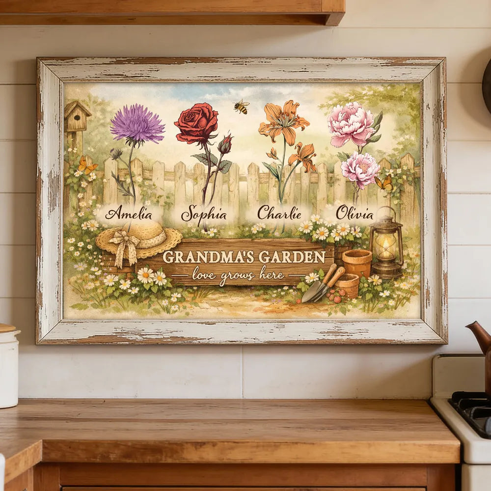 Personalized Grandma's Garden Flowers Poster, Vintage Cottagecore Wall Art, Unique Gift for Grandma or Mom