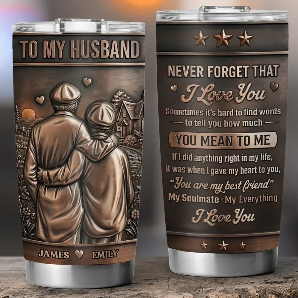 Personalized Insulated Travel Tumbler for Husband, Embracing Couple Sunset Art Unique Gift