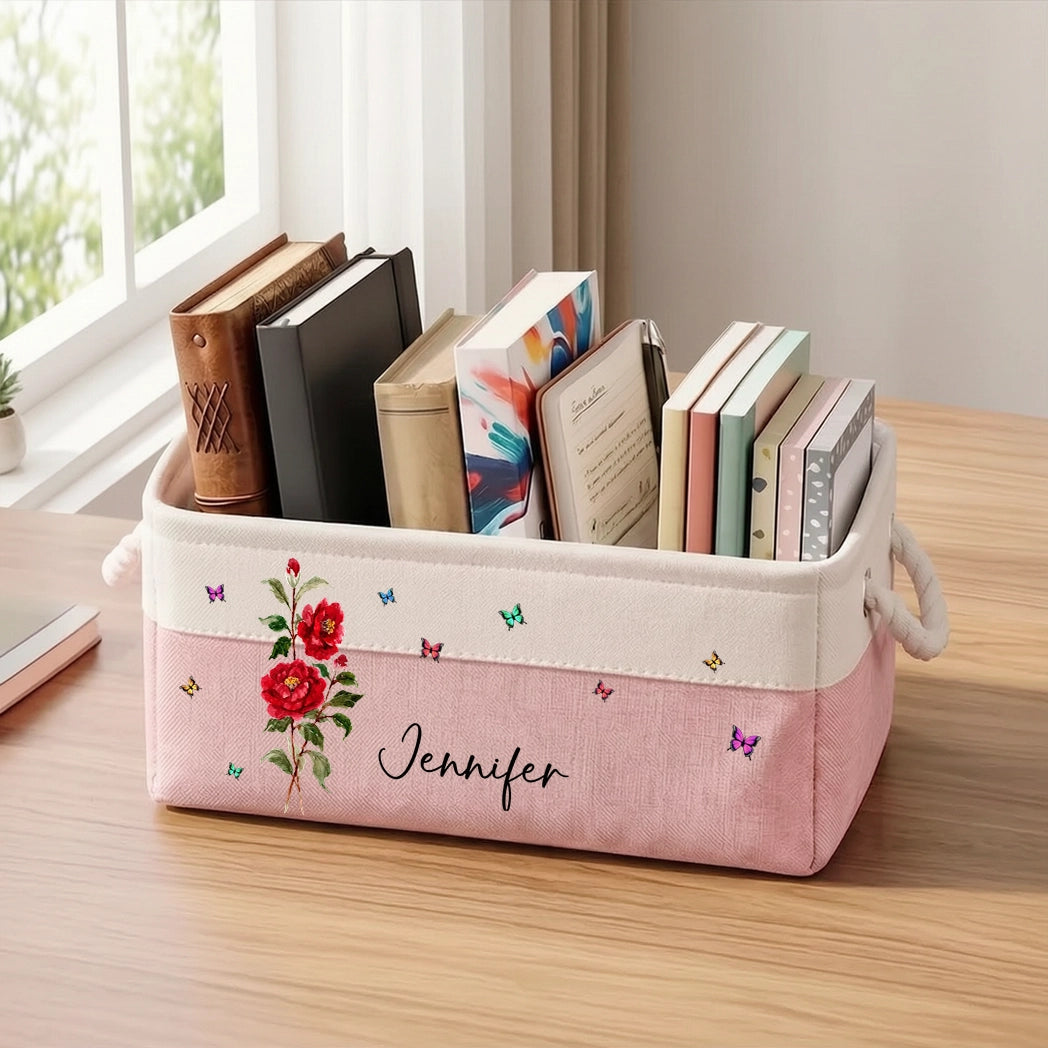Personalized Cotton Linen Rope Basket, Pink Floral Butterfly Home Office Storage, Unique Gift for Her