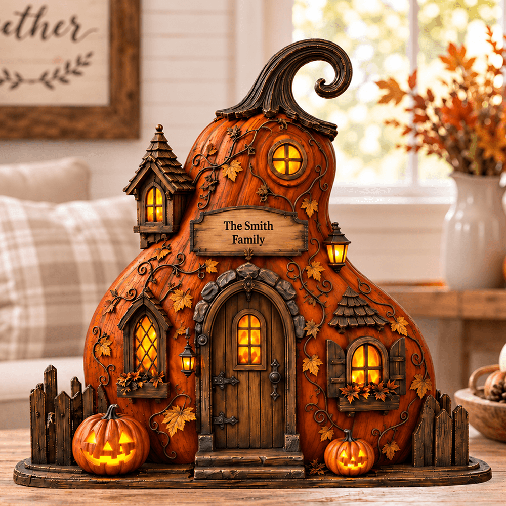 Personalized Pumpkin Cottage Wooden Plaque with Family Name, Cozy Fall & Halloween Tabletop Decor