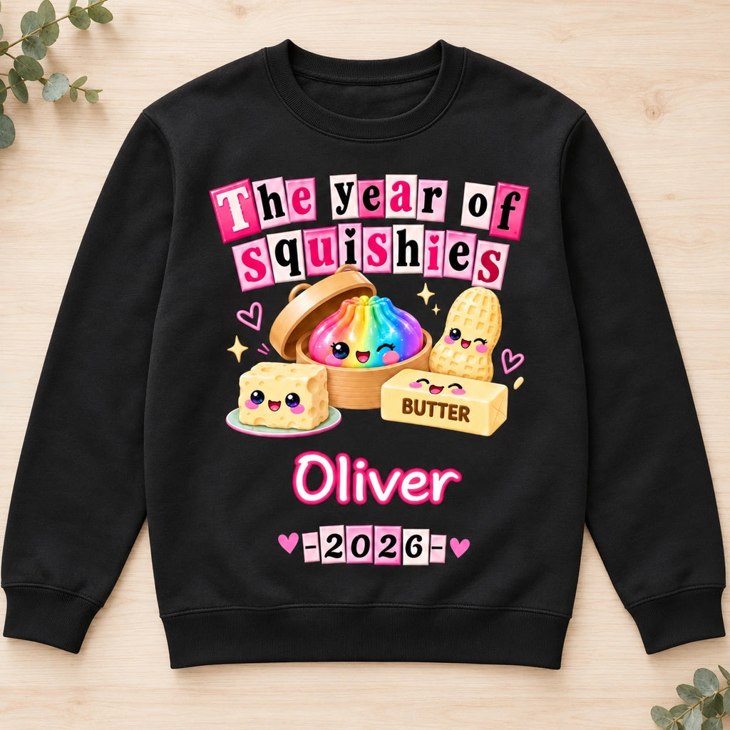 Personalized Squishies Sweatshirt with Custom Name & Year, Cute Kawaii Food Characters, Pink Coquette Collage Style Gift