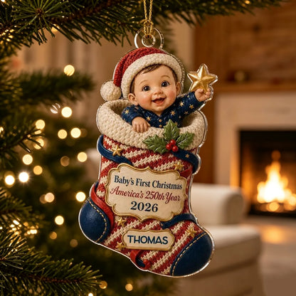 Personalized Acrylic Ornament with Smiling Baby Holding a Star, Creative First Christmas Gift for Family