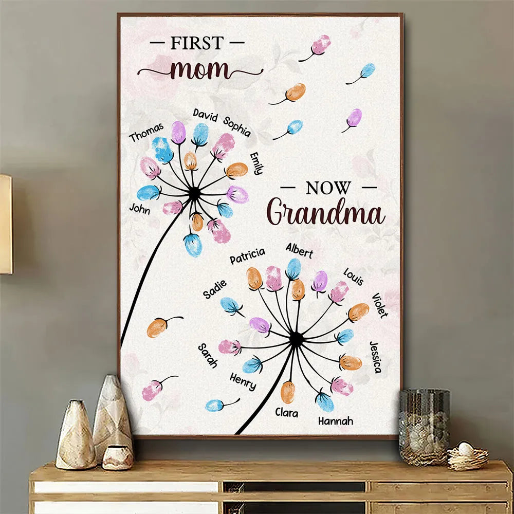 Personalized Dandelion Fingerprint Flower Poster, First Mom Now Grandma Wall Art, Unique Gift for Grandma or Mom