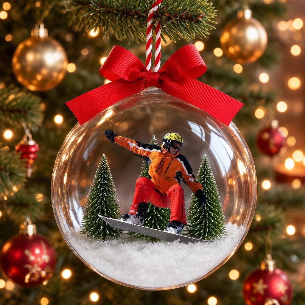 Personalized Acrylic Snow Globe Ornament, Snowboarder Riding Through Snowy Evergreens, Unique Christmas Gift for Winter Sports Fans