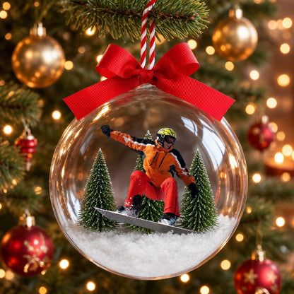 Personalized Acrylic Snow Globe Ornament, Snowboarder Riding Through Snowy Evergreens, Unique Christmas Gift for Winter Sports Fans