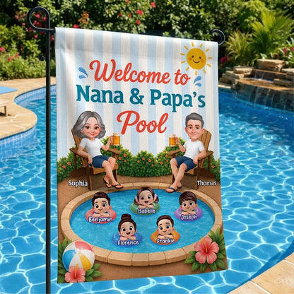 Personalized Garden Flag, Nana & Papa Pool Welcome Design with Grandkids, Unique Gift