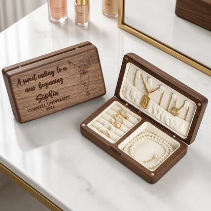 Personalized Black Walnut Jewelry Box, Graduation Girl Illustration, Unique Creative Gift for Her