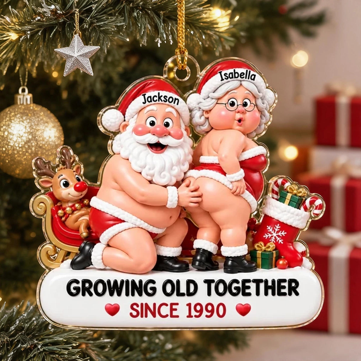 Personalized Acrylic Ornament, Playful Santa Couple by a Sleigh, Unique Red and White Christmas Gift for Couples