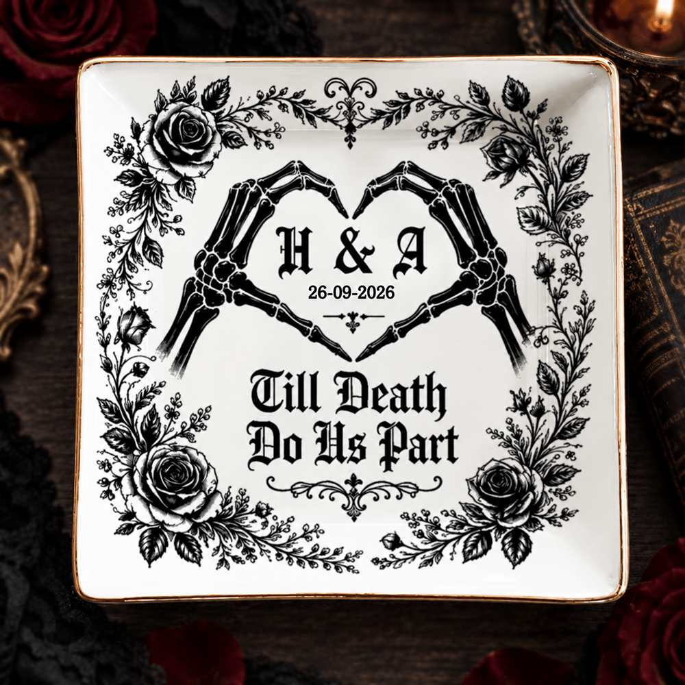 Personalized Gothic Jewelry Dish – Till Death Do Us Part, Custom Initials & Date Gift for Couples