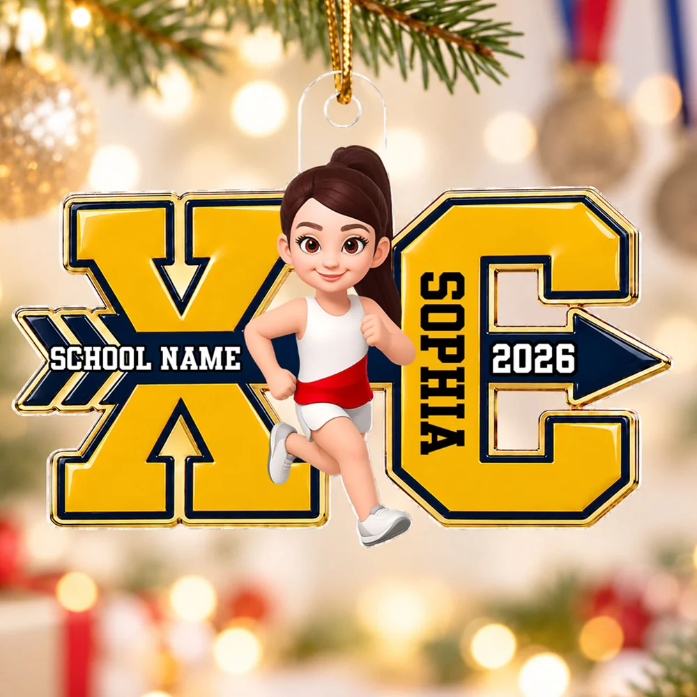 Personalized Acrylic Ornament, Cartoon Girl Running Cross Country, Christmas Tree Keepsake, Unique Gift for Athletes