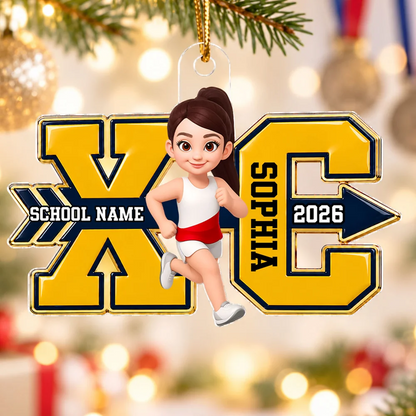 Personalized Acrylic Ornament, Cartoon Girl Running Cross Country, Christmas Tree Keepsake, Unique Gift for Athletes