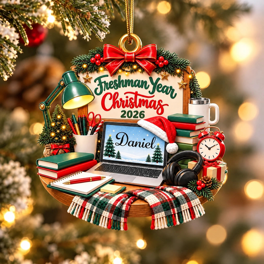 Personalized Freshman Year Christmas Ornament, Cozy College Study Desk Design, Custom Name & Year Keepsake Gift for Students