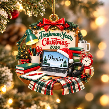 Personalized Freshman Year Christmas Ornament, Cozy College Study Desk Design, Custom Name & Year Keepsake Gift for Students