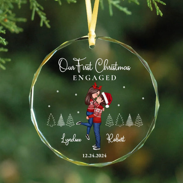 Our First Christmas Engaged Married, Newly Engaged Married Couple Personalized Glass Ornament