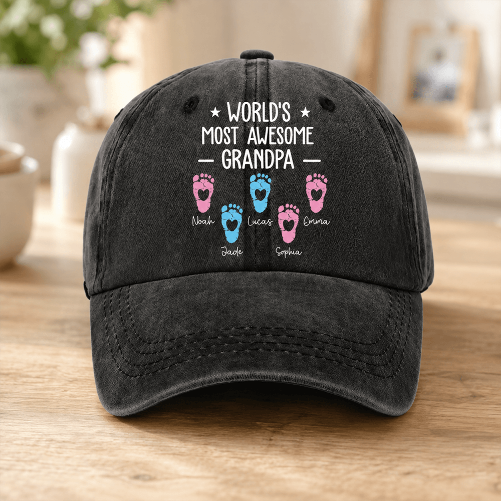 Personalized Grandpa Hat or Shirt, Custom Grandkids’ Names & Footprints, Unique Father’s Day or Birthday Gift