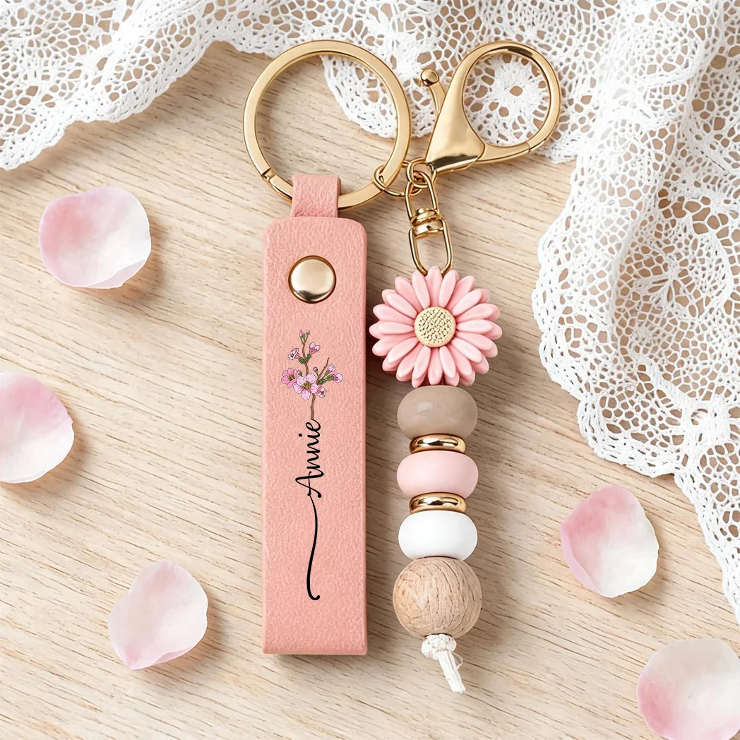 Personalized Birth Flower Wristlet Keychain with Custom Name, Unique Birthday Gift for Her