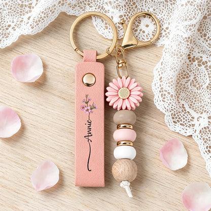 Personalized Birth Flower Wristlet Keychain with Custom Name, Unique Birthday Gift for Her