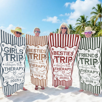 Personalized Girls Trip Beach Towel, Custom Besties Trip Design for Beach Days, Unique Colorful Gift for Friends