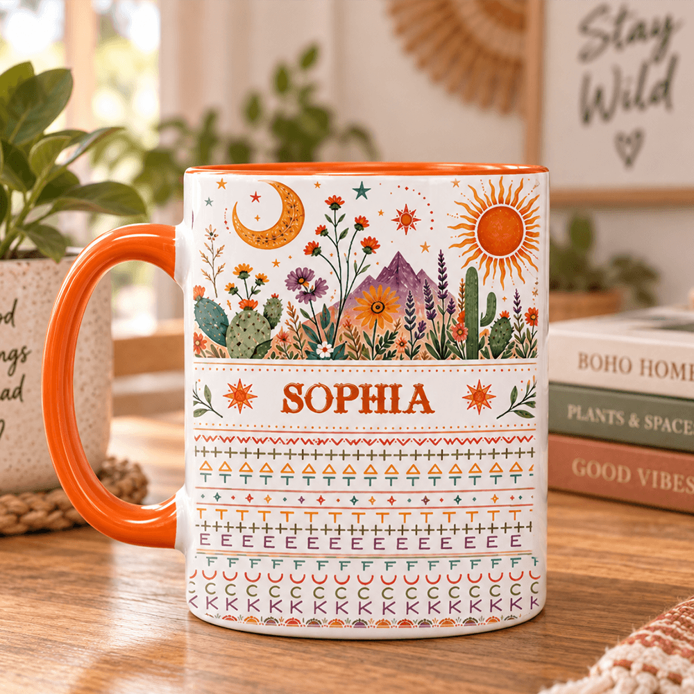 Personalized Desert Floral Mug with Custom Name, Sun & Cactus Design, A Meaningful Gift Filled with Warmth and Nature-Inspired Beauty