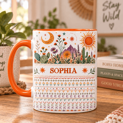 Personalized Desert Floral Mug with Custom Name, Sun & Cactus Design, A Meaningful Gift Filled with Warmth and Nature-Inspired Beauty