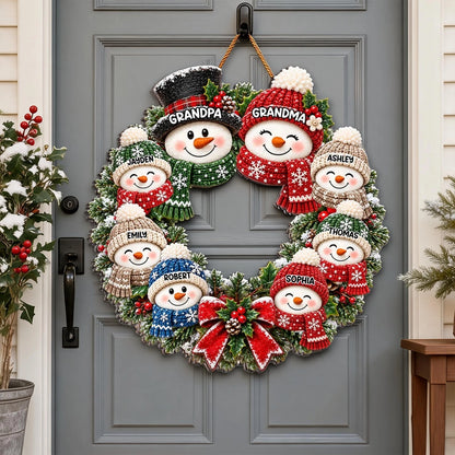 Personalized Wooden Sign with Cute Snowman Family Wreath, Unique Christmas Door Gift for Grandparents