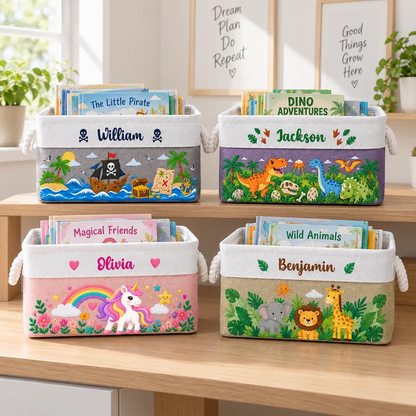 Cotton Linen Rope Basket for Kids, Personalized Storybook Storage with Playful Art, Creative Gift for Son or Daughter