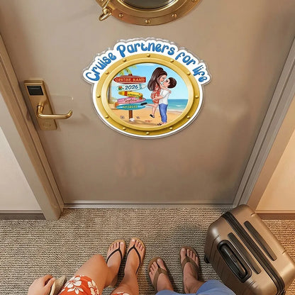 Personalized Cruise Partners For Life Acrylic Magnet, Couple Kissing on a Beach Porthole, Unique Cruise Door Gift