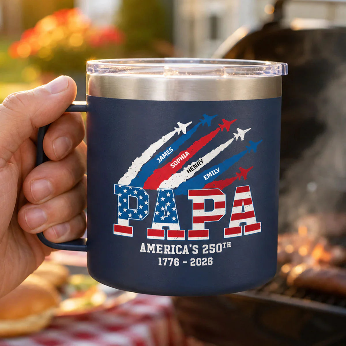 Personalized Stainless Steel Coffee Mug, Papa America's 250th Jets, Unique Gift for Grandpa