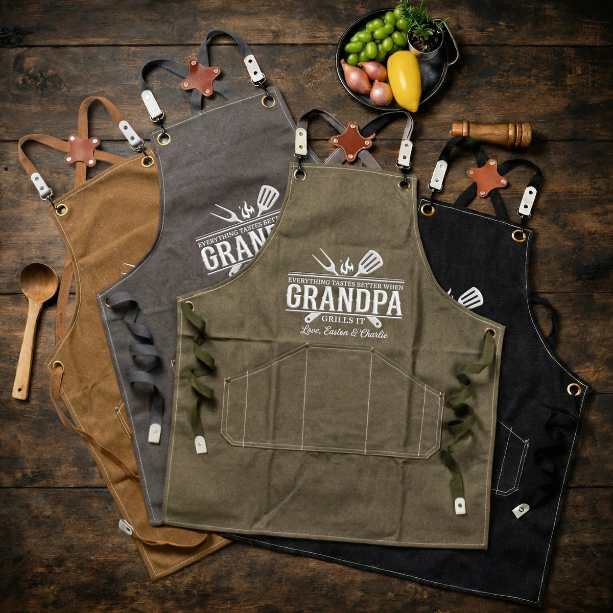 Everything Tastes Better Personalized Canvas Pocket Apron, Unique Grill Gift for Grandpa