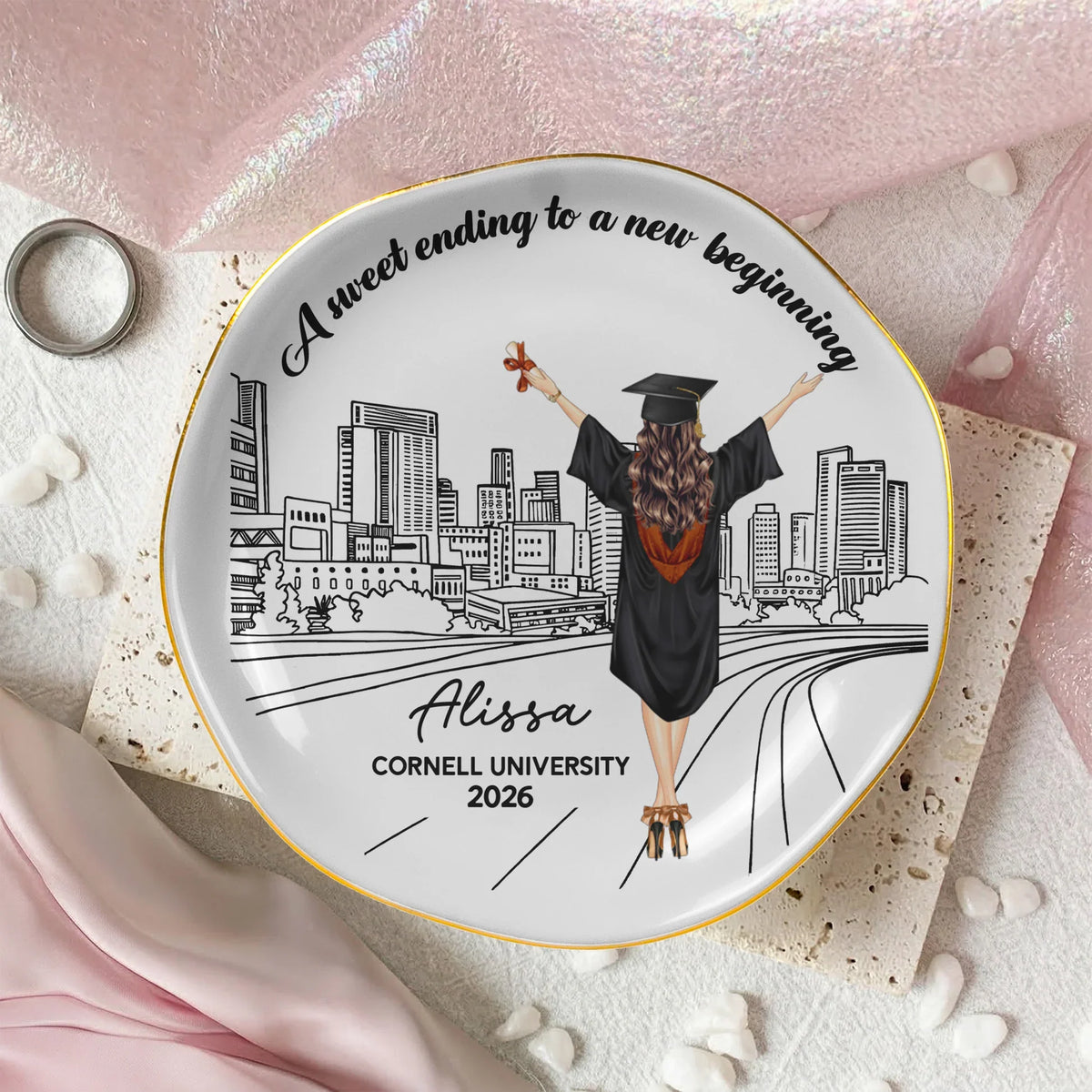 Round Lace Jewelry Dish With City Skyline, A Sweet Ending Gift For Her Graduate