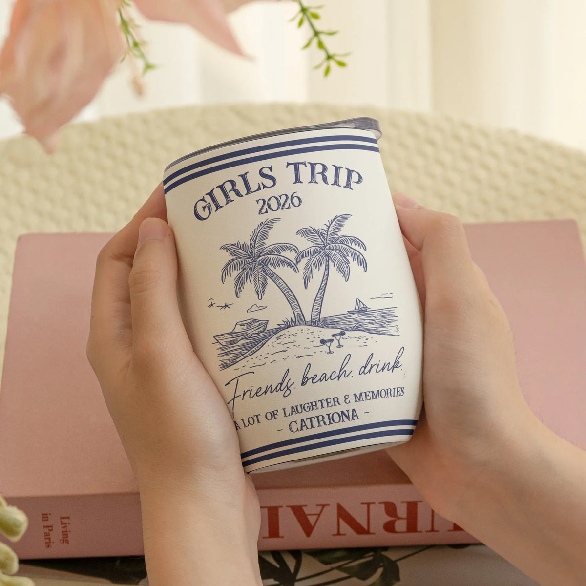 Personalized Girls Trip Beach Eggshell Cup, Palm Island Line Art, Unique Friend Group Gift For Summer Sipping